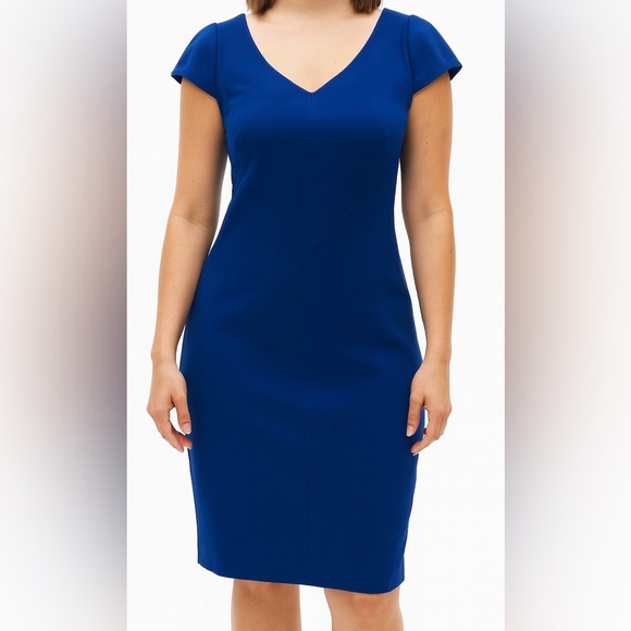Tahari Blue V-Neck Career Midi Dress Size 6 - Picture 6 of 10